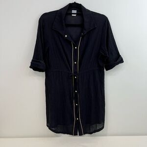 Vintage Black Crepe Beach Coverup Gold Trim Large